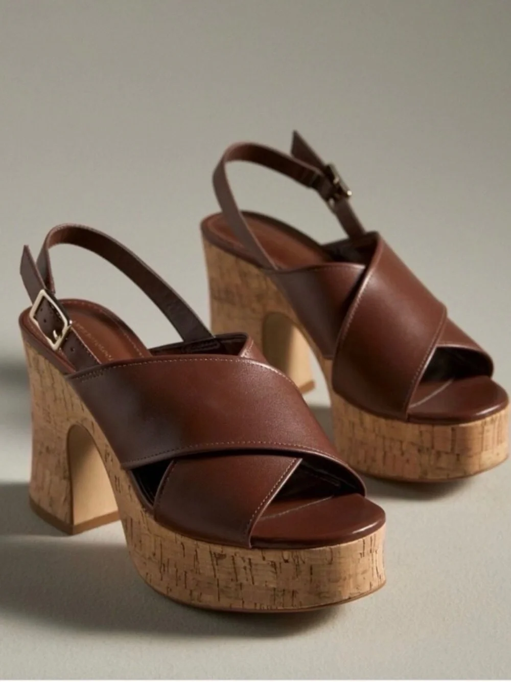 Anthropologie Cross-strap Woven Platform Sandals Cork Brown Sz 37